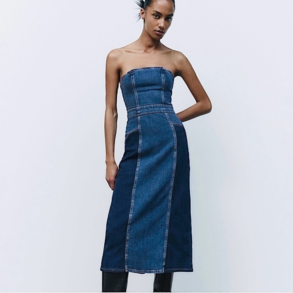 ZARA Patchwork Denim Strapless Midi Dress in Blue Size M